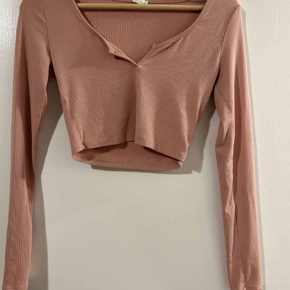 Garage Ribbed Long Sleeve Crop Top - Blush